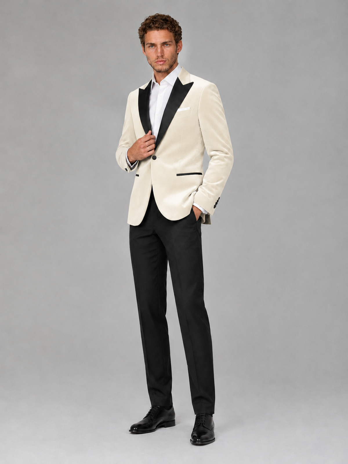Savile Men's Ivory Velvet Peak Lapel 2-Piece Tuxedo Suit Set | Jacket & Trousers - Ivory