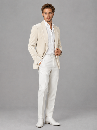 Savile Men's Ivory Velvet Shawl Lapel 2-Piece Tuxedo Suit Set | Jacket & White Trousers - Ivory - Ivory (3)