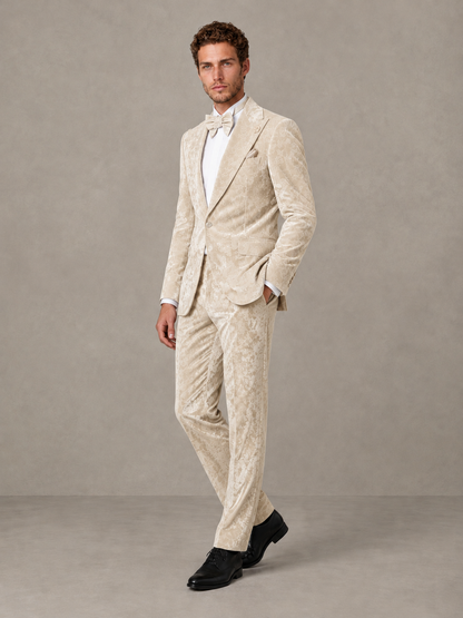 Savile Men's Ivory Crushed Velvet Peak Lapel 2-Piece Suit Set | Jacket & Trousers - Ivory - Ivory (3)
