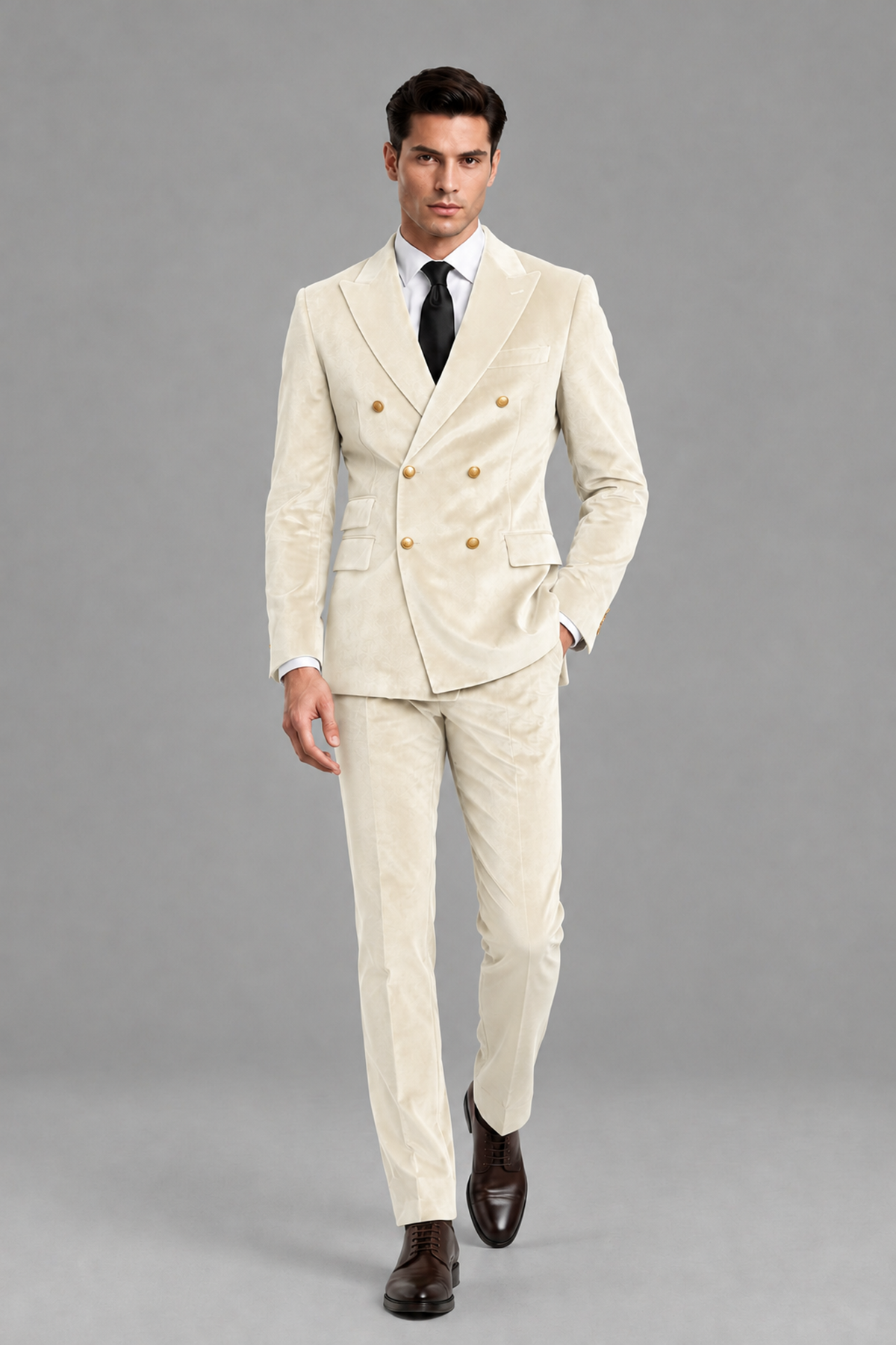 Savile Men's Ivory Velvet Double-Breasted 2-Piece Suit Set | Peak Lapel Blazer & Trousers - Ivory