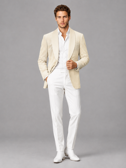 Savile Men's Ivory Velvet Shawl Lapel 2-Piece Tuxedo Suit Set | Jacket & White Trousers - Ivory - Ivory (4)
