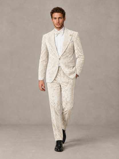 Savile Men's Ivory Crushed Velvet Peak Lapel 2-Piece Suit Set | Jacket & Trousers - Ivory - Ivory (4)