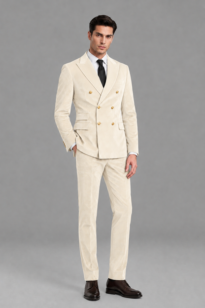 Savile Men's Ivory Velvet Double-Breasted 2-Piece Suit Set | Peak Lapel Blazer & Trousers - Ivory