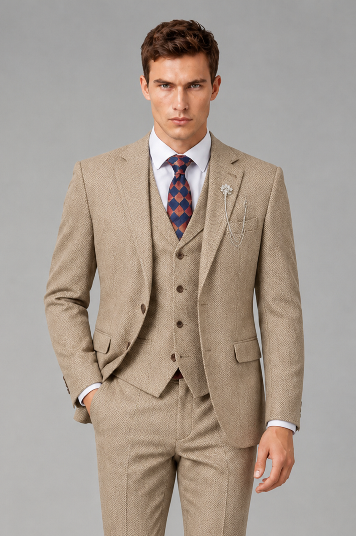 Savile Men's Grey Notch Lapel 3-Piece Suit Set | Jacket, Vest & Trousers - Khaki - Khaki