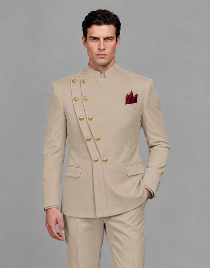 BOLODOO Men's Khaki Asymmetrical Mandarin Collar Tuxedo Suit – Modern 2-Piece Gold Button Wedding, Prom & Gala Set - Khaki - Khaki_01