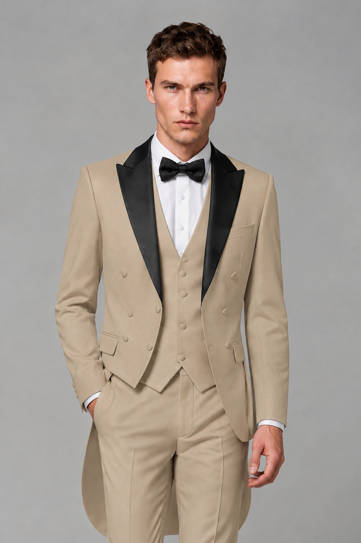 Savile Khaki 3-Piece Tailcoat Tuxedo Suit with Black Peak Lapel - Khaki - Khaki_01