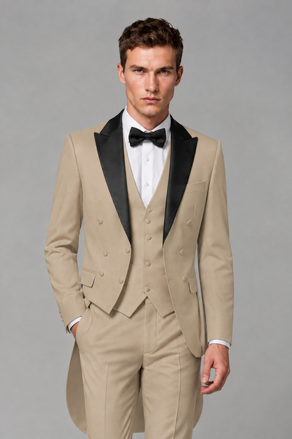 Savile Khaki 3-Piece Tailcoat Tuxedo Suit with Black Peak Lapel - Khaki - Khaki_01