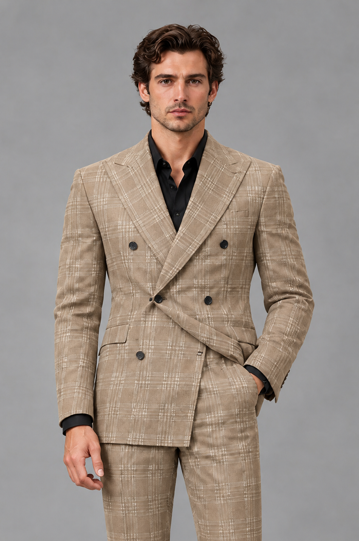 Savile Men's Rust Plaid 2-Piece Double-Breasted Suit – Peak Lapel Slim-Fit Jacket & Trousers Set - Khaki - Khaki