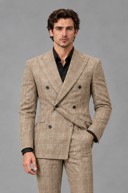 Savile Men's Rust Plaid 2-Piece Double-Breasted Suit – Peak Lapel Slim-Fit Jacket & Trousers Set - Khaki - Khaki