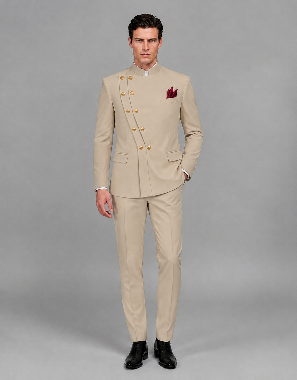 BOLODOO Men's Khaki Asymmetrical Mandarin Collar Tuxedo Suit – Modern 2-Piece Gold Button Wedding, Prom & Gala Set - Khaki - Khaki_02