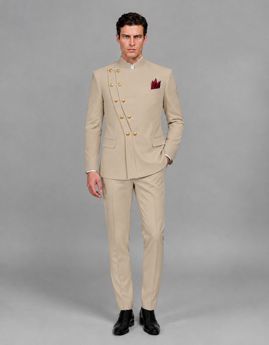 BOLODOO Men's Khaki Asymmetrical Mandarin Collar Tuxedo Suit – Modern 2-Piece Gold Button Wedding, Prom & Gala Set - Khaki - Khaki_02