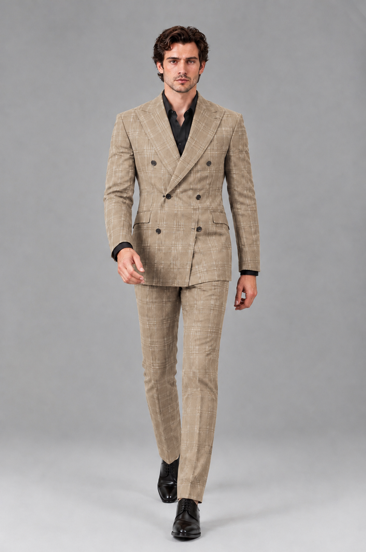 Savile Men's Rust Plaid 2-Piece Double-Breasted Suit – Peak Lapel Slim-Fit Jacket & Trousers Set - Khaki - Khaki