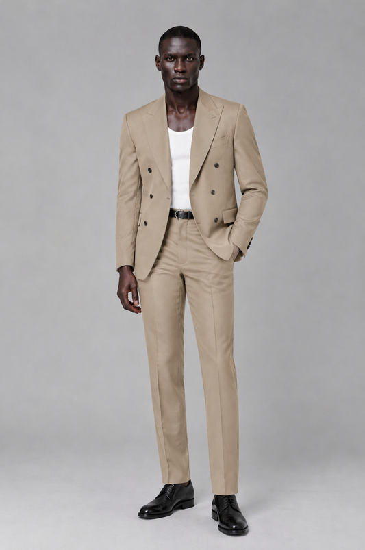 Savile Men's Khaki Double Breasted Slim Fit 2-Piece Suit Set – Blazer & Trousers | Wedding Gala Formal - Khaki - Khaki_02