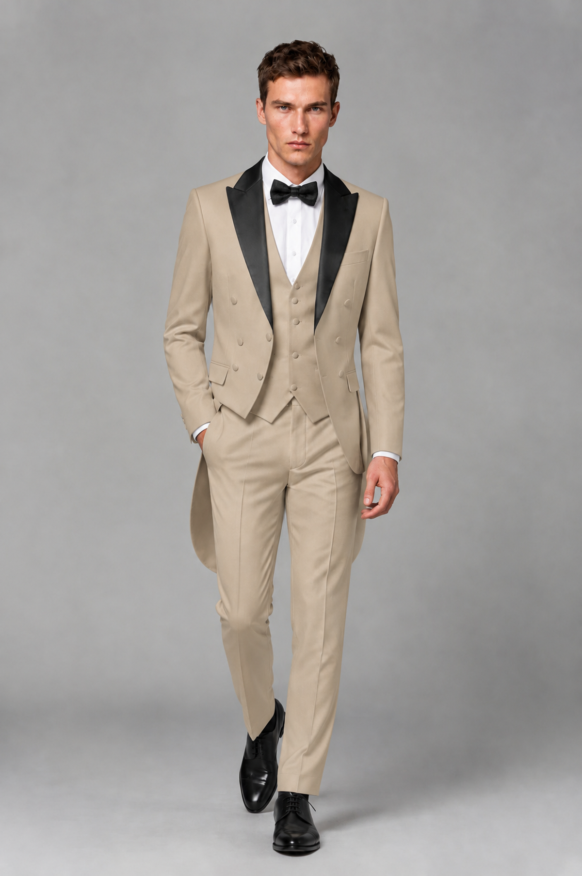 Savile Khaki 3-Piece Tailcoat Tuxedo Suit with Black Peak Lapel - Khaki - Khaki_02