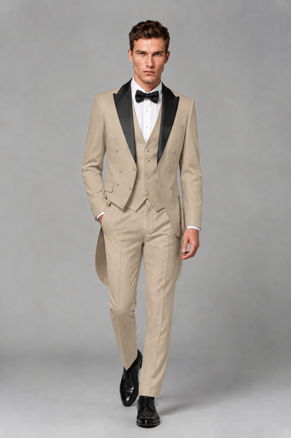 Savile Khaki 3-Piece Tailcoat Tuxedo Suit with Black Peak Lapel - Khaki - Khaki_02