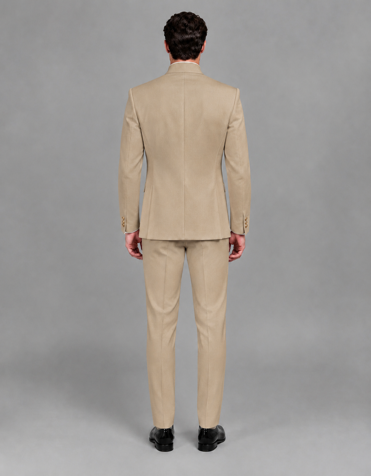 BOLODOO Men's Khaki Asymmetrical Mandarin Collar Tuxedo Suit – Modern 2-Piece Gold Button Wedding, Prom & Gala Set - Khaki - Khaki_03