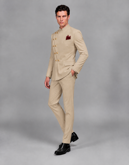 BOLODOO Men's Khaki Asymmetrical Mandarin Collar Tuxedo Suit – Modern 2-Piece Gold Button Wedding, Prom & Gala Set - Khaki - Khaki_04