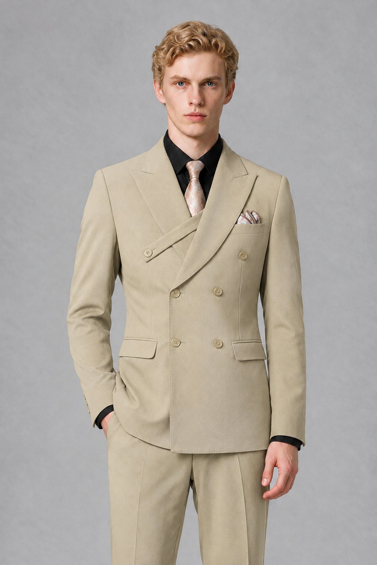 Savile Men's Khaki Double-Breasted Two-Piece Suit - Khaki