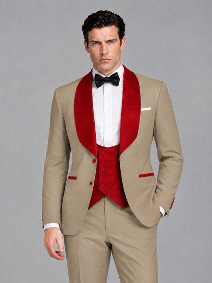 Savile Men's Khaki 3-Piece Tuxedo Suit Set – Contrast Red Shawl Lapel Blazer, Red Waistcoat & Trousers - SUC020 - Khaki