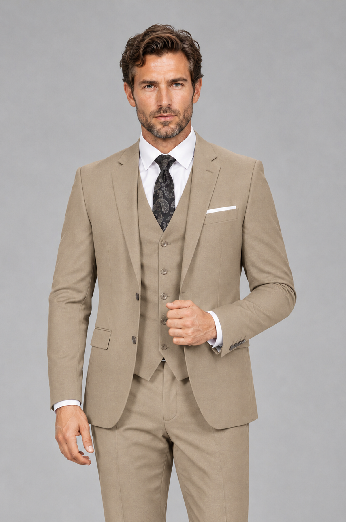 Savile Men's Khaki 3-Piece Suit Set – Notch Lapel Blazer, Vest & Trousers - Khaki - Khaki_1