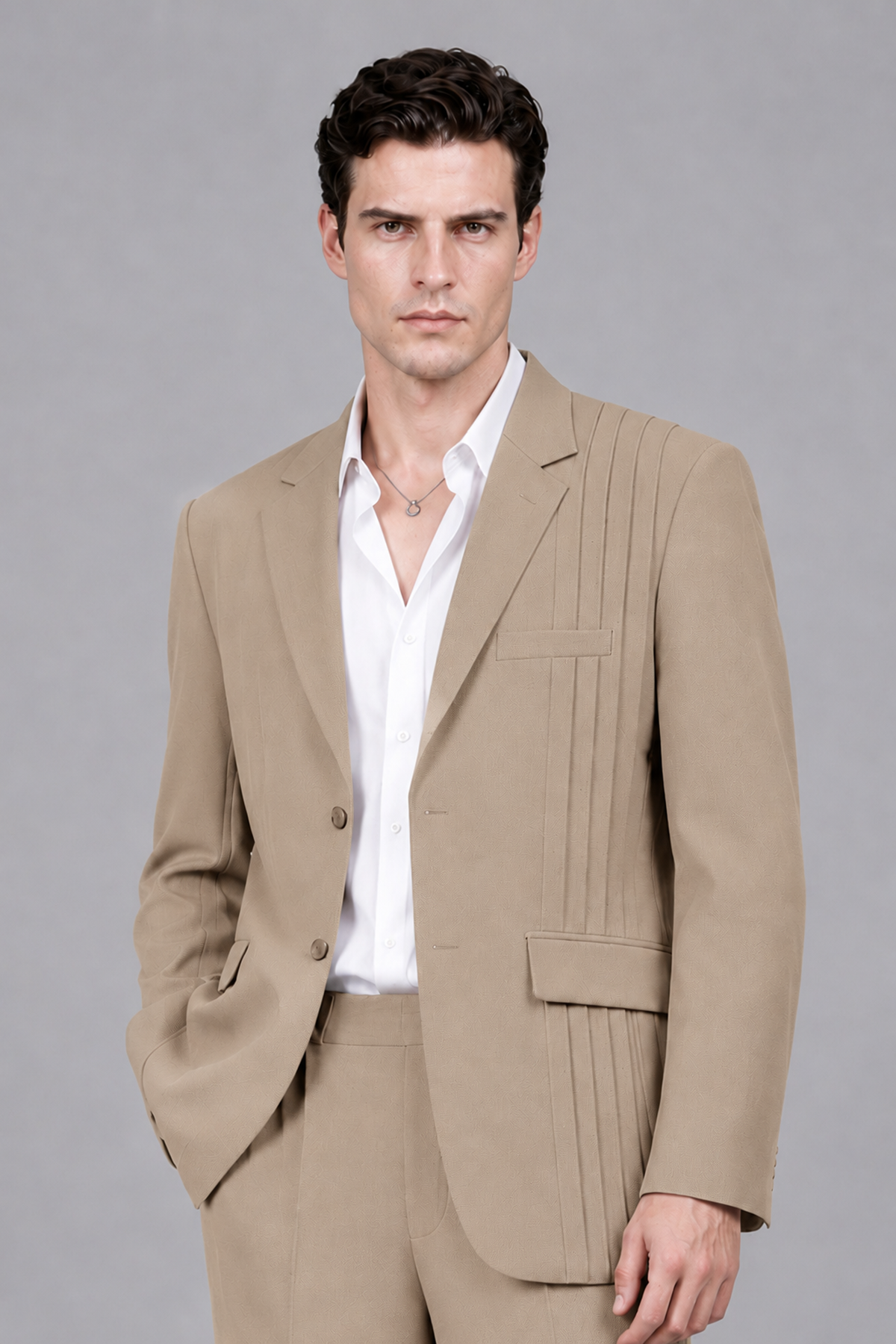 Savile Men's Khaki Pleated 2-Piece Suit Set | Notch Lapel Blazer & Tailored Trousers - Khaki - Khaki_1