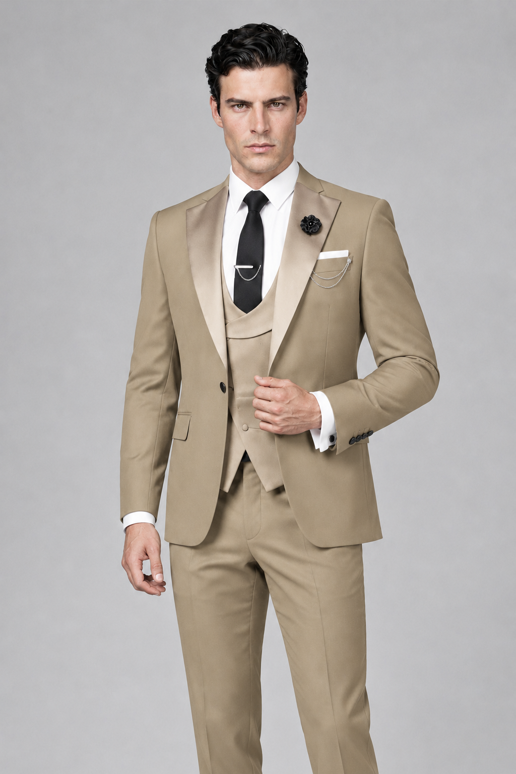 Savile Men's Khaki 3-Piece Tuxedo Suit – Contrast Silver Peak Lapel & Grey Vest Formal Set - Khaki - Khaki_1