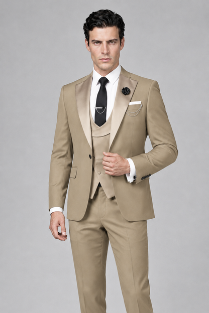 Savile Men's Khaki 3-Piece Tuxedo Suit – Contrast Silver Peak Lapel & Grey Vest Formal Set - Khaki - Khaki_1