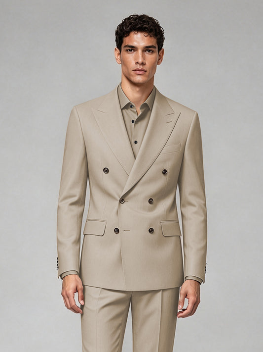 Savile Men's Khaki Double-Breasted 2-Piece Suit Set – Blazer & Trousers - Khaki