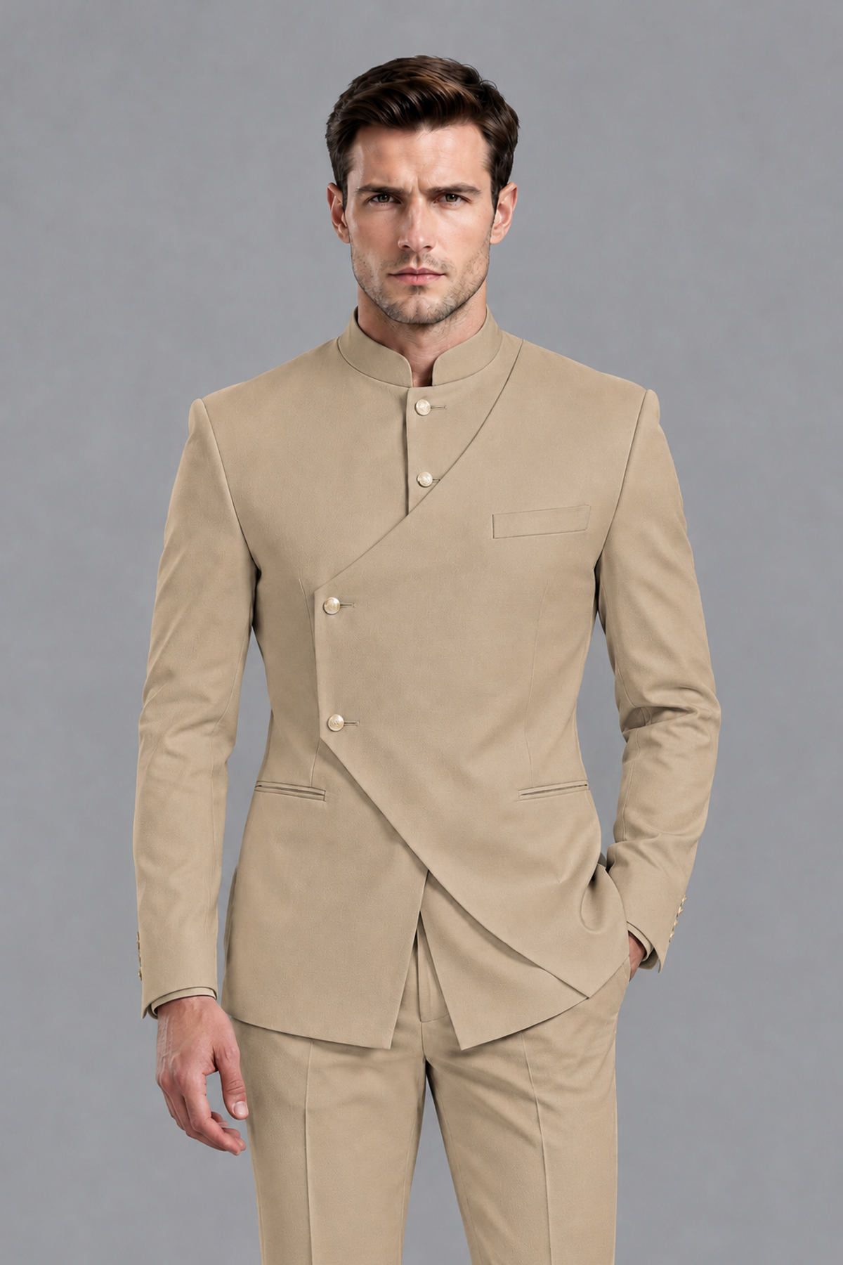 Savile Men's Khaki Asymmetrical Mandarin Collar Tuxedo Suit – Modern 2-Piece Gold Button Wedding, Prom & Gala Set - Khaki - Khaki_1