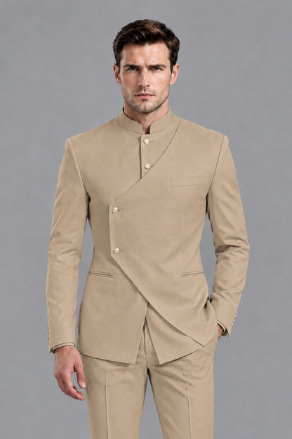 Savile Men's Khaki Asymmetrical Mandarin Collar Tuxedo Suit – Modern 2-Piece Gold Button Wedding, Prom & Gala Set - Khaki - Khaki_1