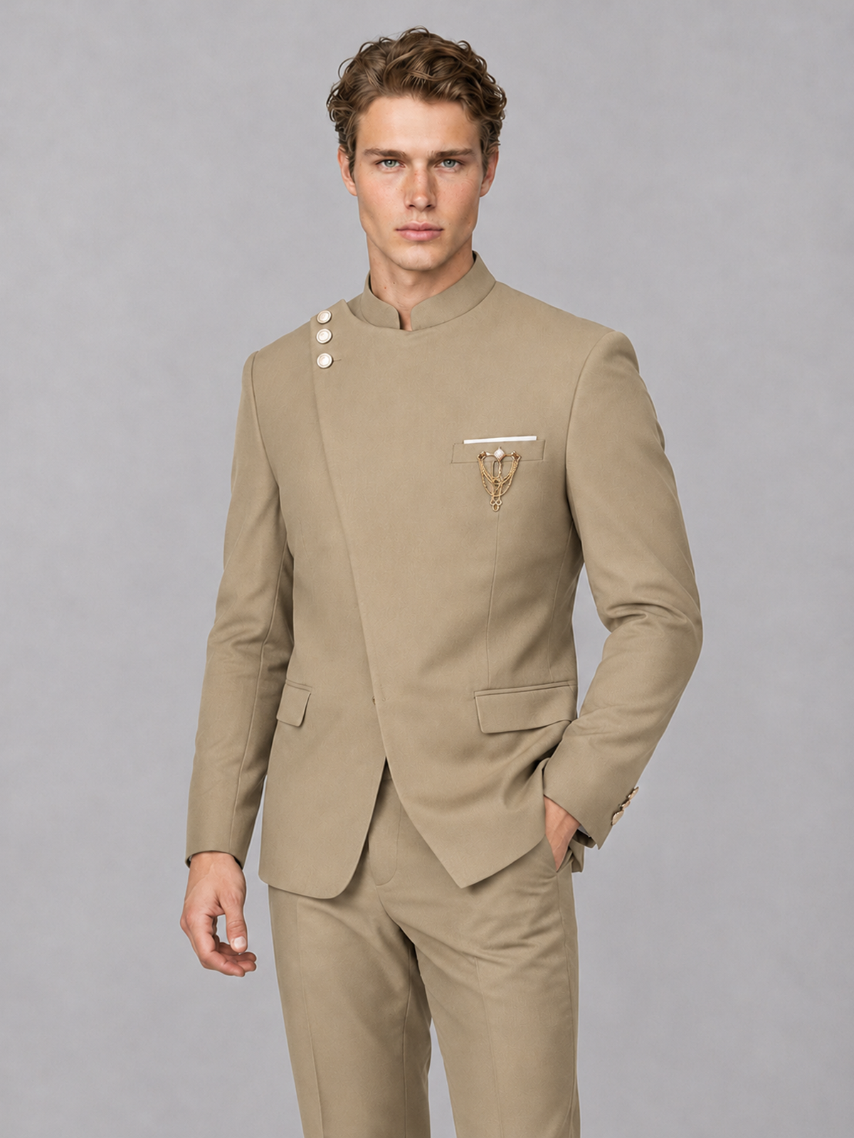 Savile Men's Khaki Mandarin Collar Asymmetrical 2-Piece Suit Set – Modern Jacket & Trousers - Khaki - Khaki_1