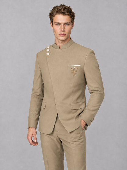Savile Men's Khaki Mandarin Collar Asymmetrical 2-Piece Suit Set – Modern Jacket & Trousers - Khaki - Khaki_1