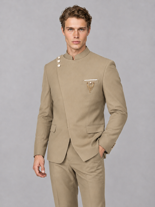 Savile Men's Khaki Mandarin Collar Asymmetrical 2-Piece Suit Set – Modern Jacket & Trousers - Khaki - Khaki_1