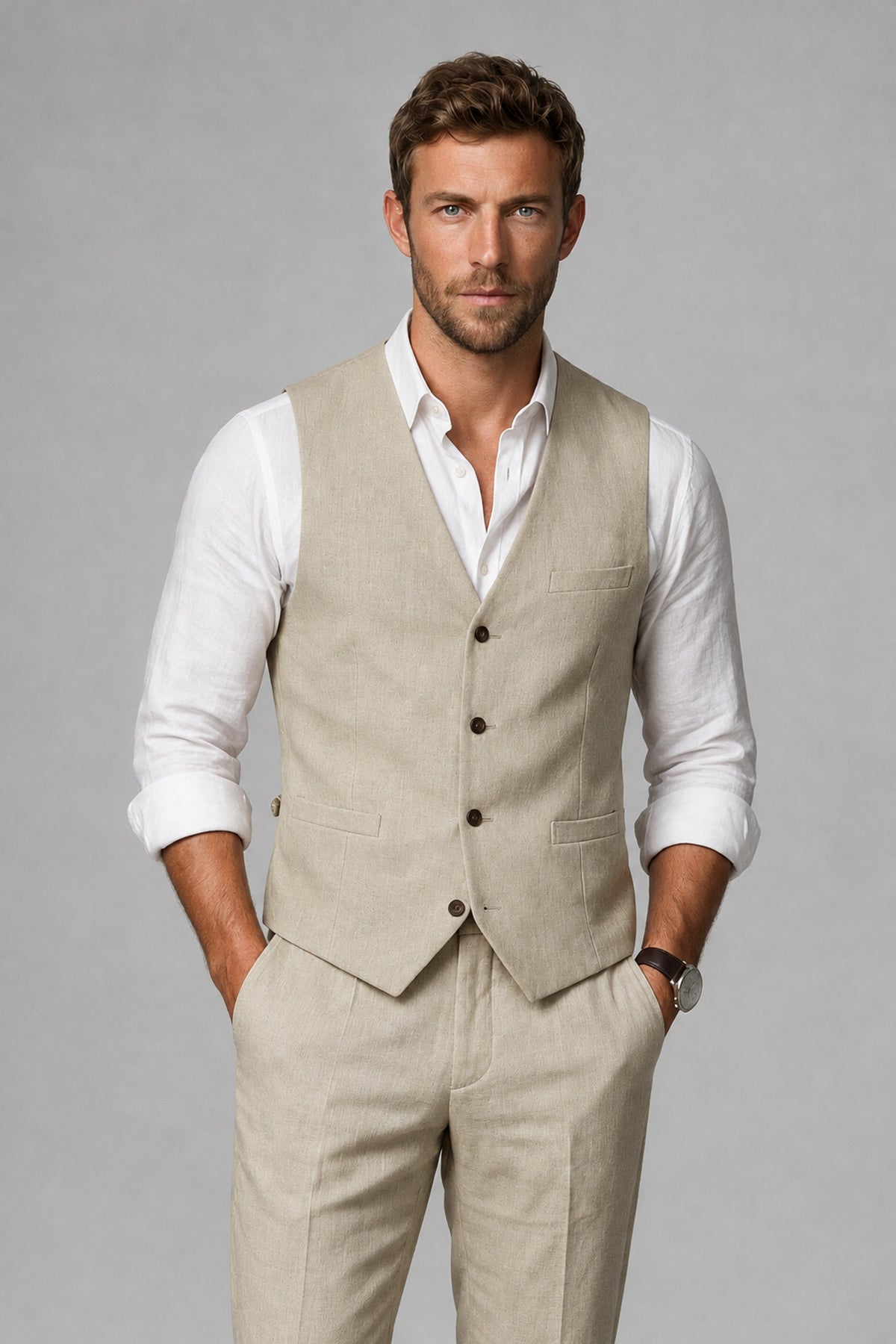 Men's Khaki Linen Blend Single-Breasted V-Neck Suit Vest | Savile QX0101 - Khaki