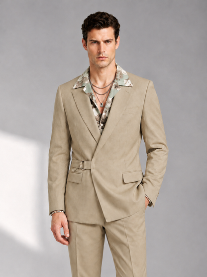 Savile Men's Khaki Belted Wrap 2-Piece Suit – Peak Lapel Blazer & Tailored Trousers - SUC060 - Khaki - Khaki_1