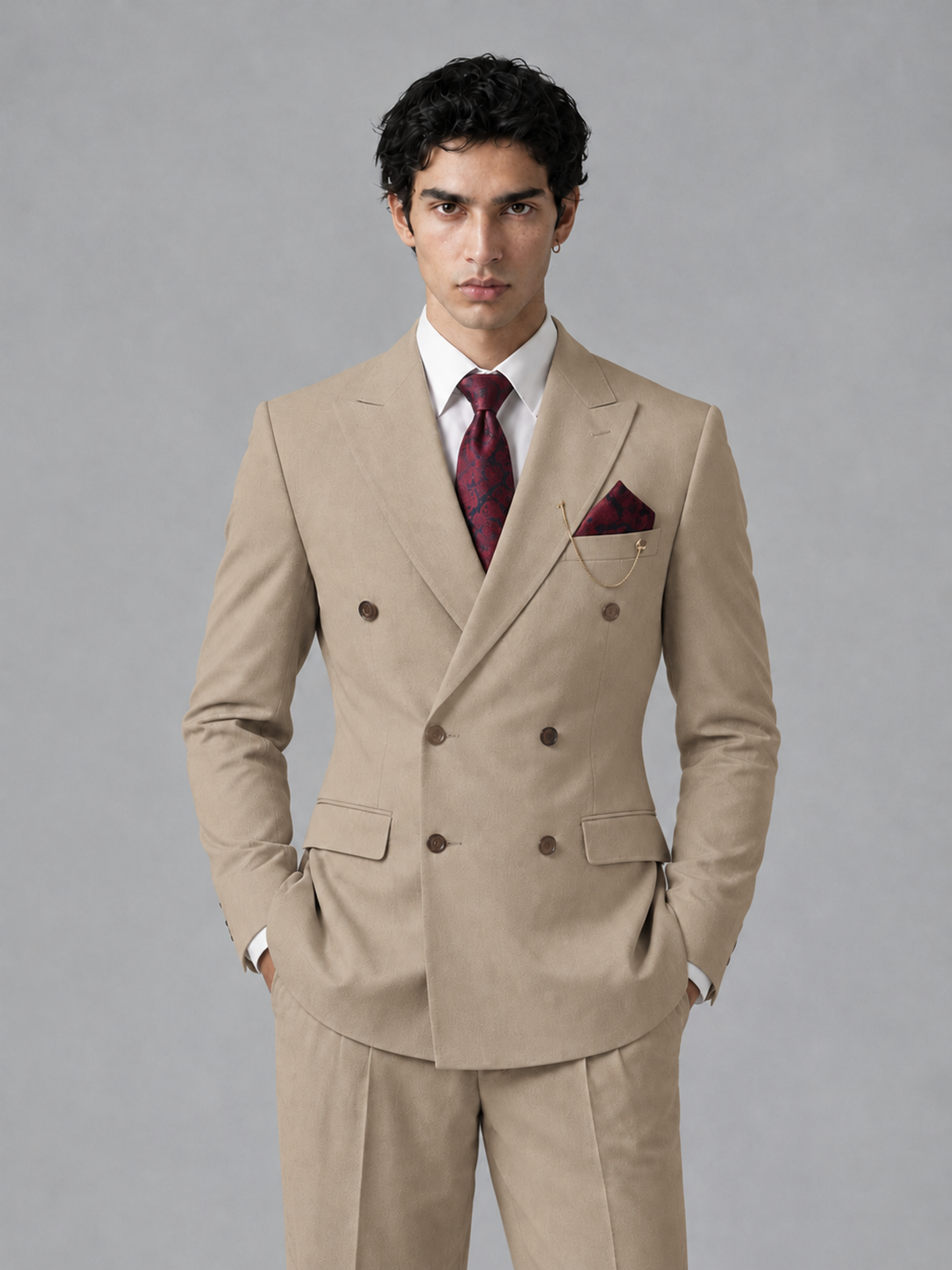 Savile Men's Khaki Double-Breasted 2-Piece Suit Set – Peak Lapel Blazer & Pleated Wide-Leg Trousers - Khaki - Khaki_1