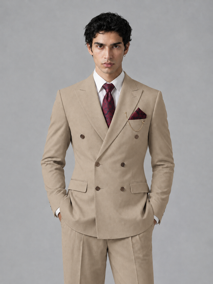Savile Men's Khaki Double-Breasted 2-Piece Suit Set – Peak Lapel Blazer & Pleated Wide-Leg Trousers - Khaki - Khaki_1