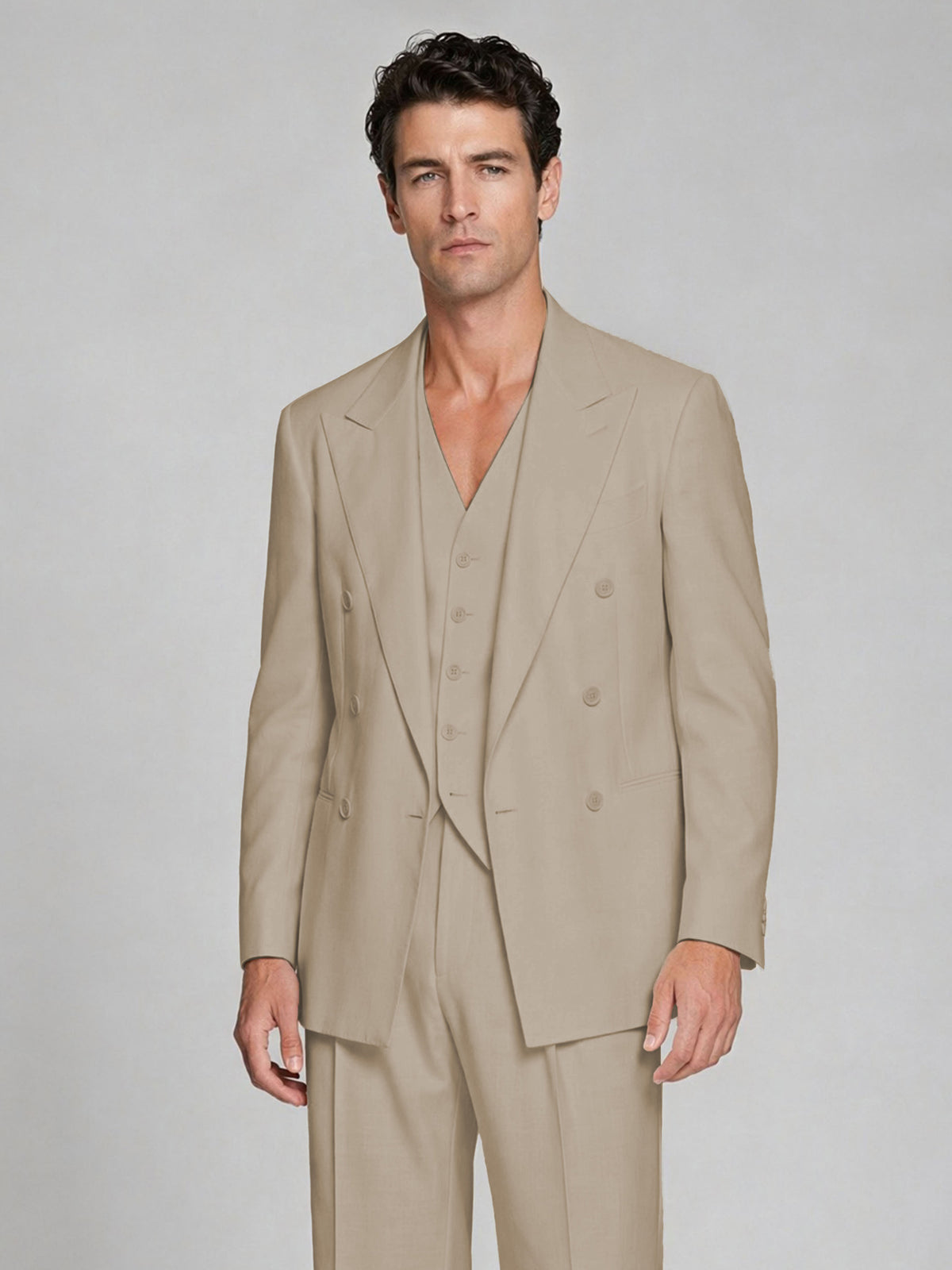 Men's Khaki Double-Breasted 2-Piece Suit – Peak Lapel Wedding & Beach Formal Set with Vest - Khaki