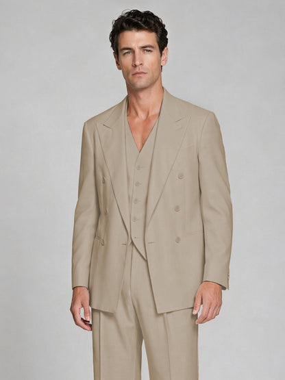 Men's Khaki Double-Breasted 2-Piece Suit – Peak Lapel Wedding & Beach Formal Set with Vest - Khaki