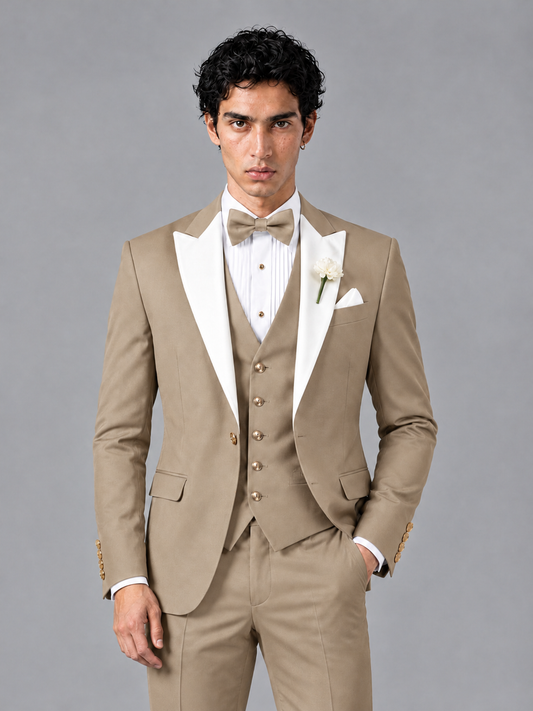 Savile Men's Khaki Contrast White Peak Lapel 3-Piece Tuxedo Suit - Khaki