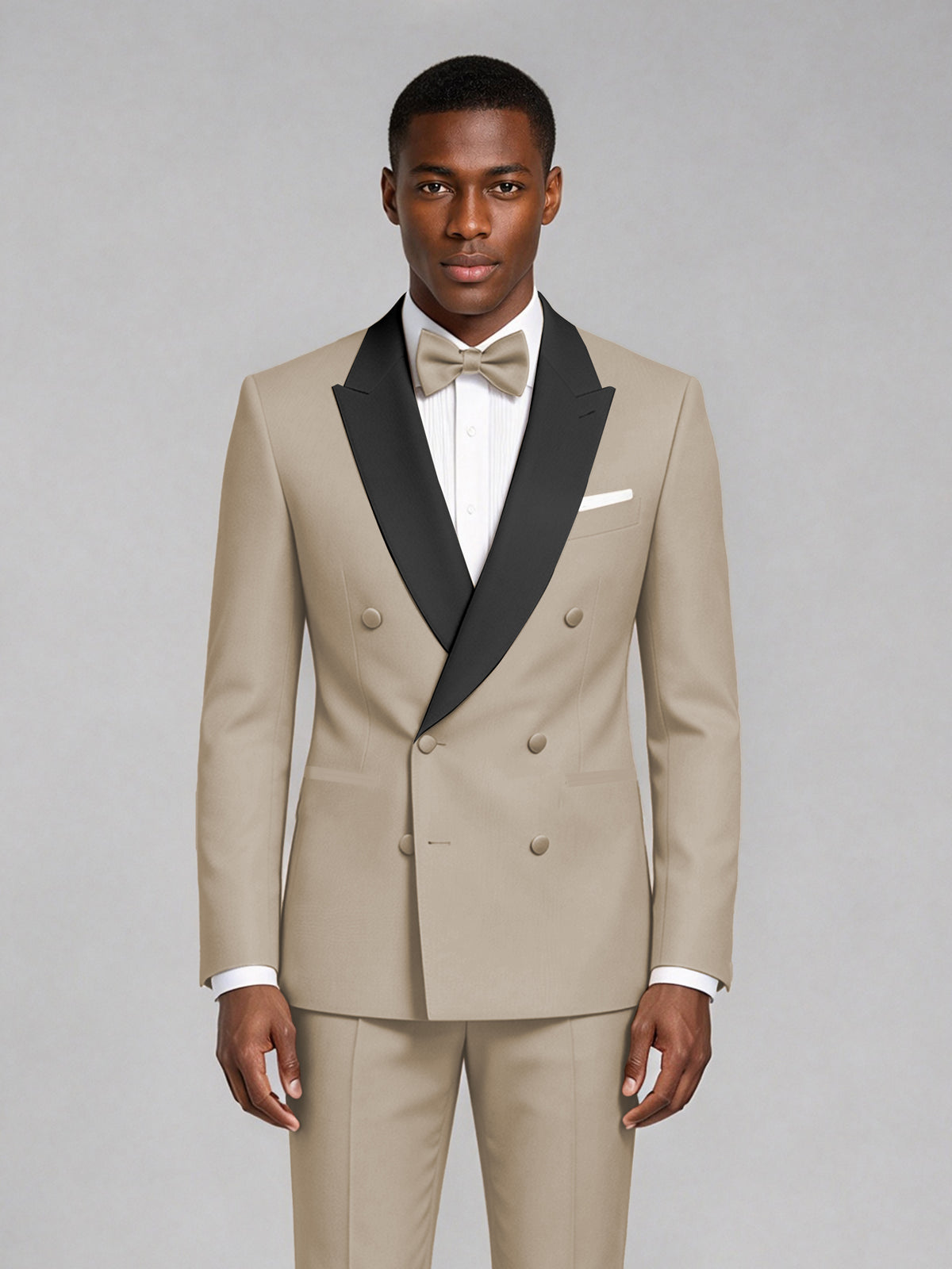 Men's Khaki Double-Breasted Tuxedo Suit – Satin Shawl Lapel Khaki-Tie Wedding & Gala 2-Piece Set - Khaki