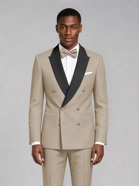 Men's Khaki Double-Breasted Tuxedo Suit – Satin Shawl Lapel Khaki-Tie Wedding & Gala 2-Piece Set - Khaki