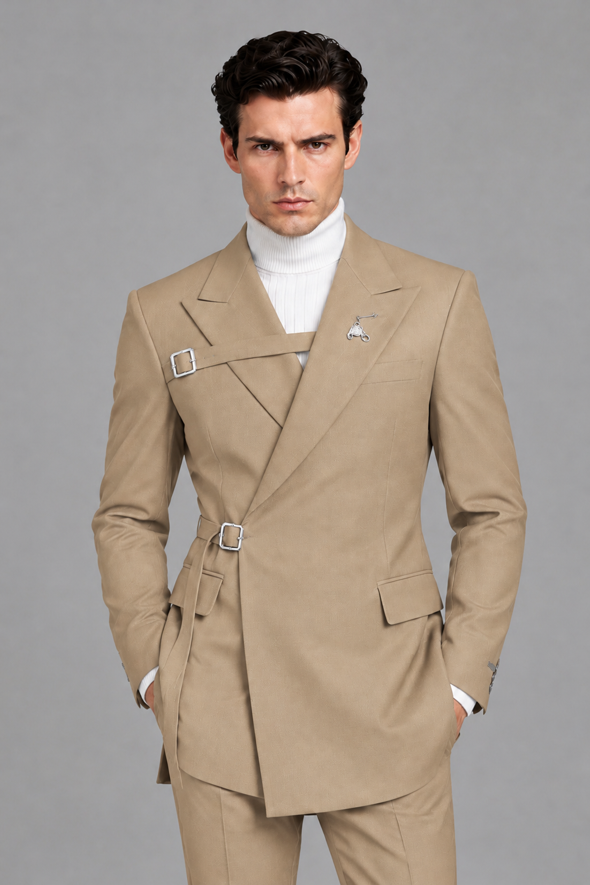 Savile Men's Khaki Double Buckle Wrap Belted 2-Piece Suit Set – Peak Lapel Slim-Fit Jacket & Trousers - Khaki - Khaki_1