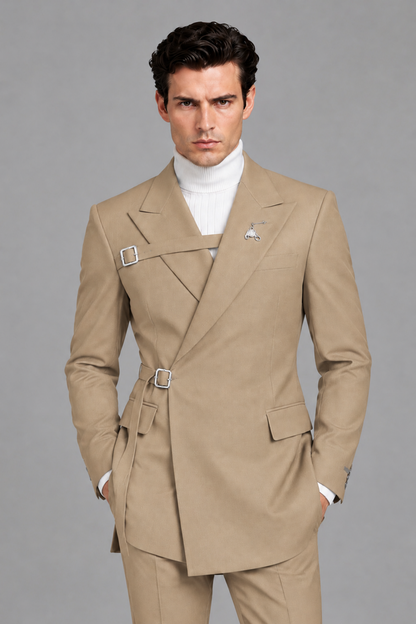 Savile Men's Khaki Double Buckle Wrap Belted 2-Piece Suit Set – Peak Lapel Slim-Fit Jacket & Trousers - Khaki - Khaki_1