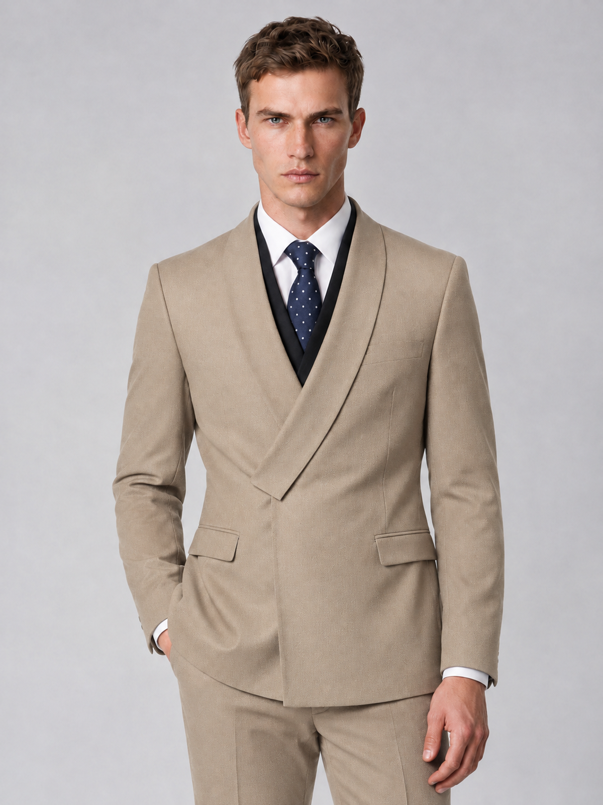 Savile Men's Khaki Wrap Shawl Lapel 2-Piece Suit Set – Modern Jacket & Trousers - Khaki - Khaki_1