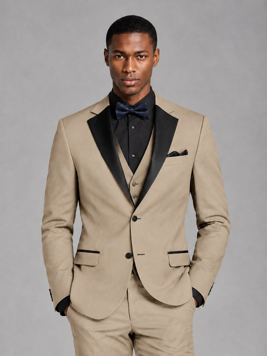 Savile Men's Khaki Contrast Shawl Lapel Tuxedo Suit – 3-Piece Wedding, Prom & Black-Tie Formal Set - Khaki - Khaki_1