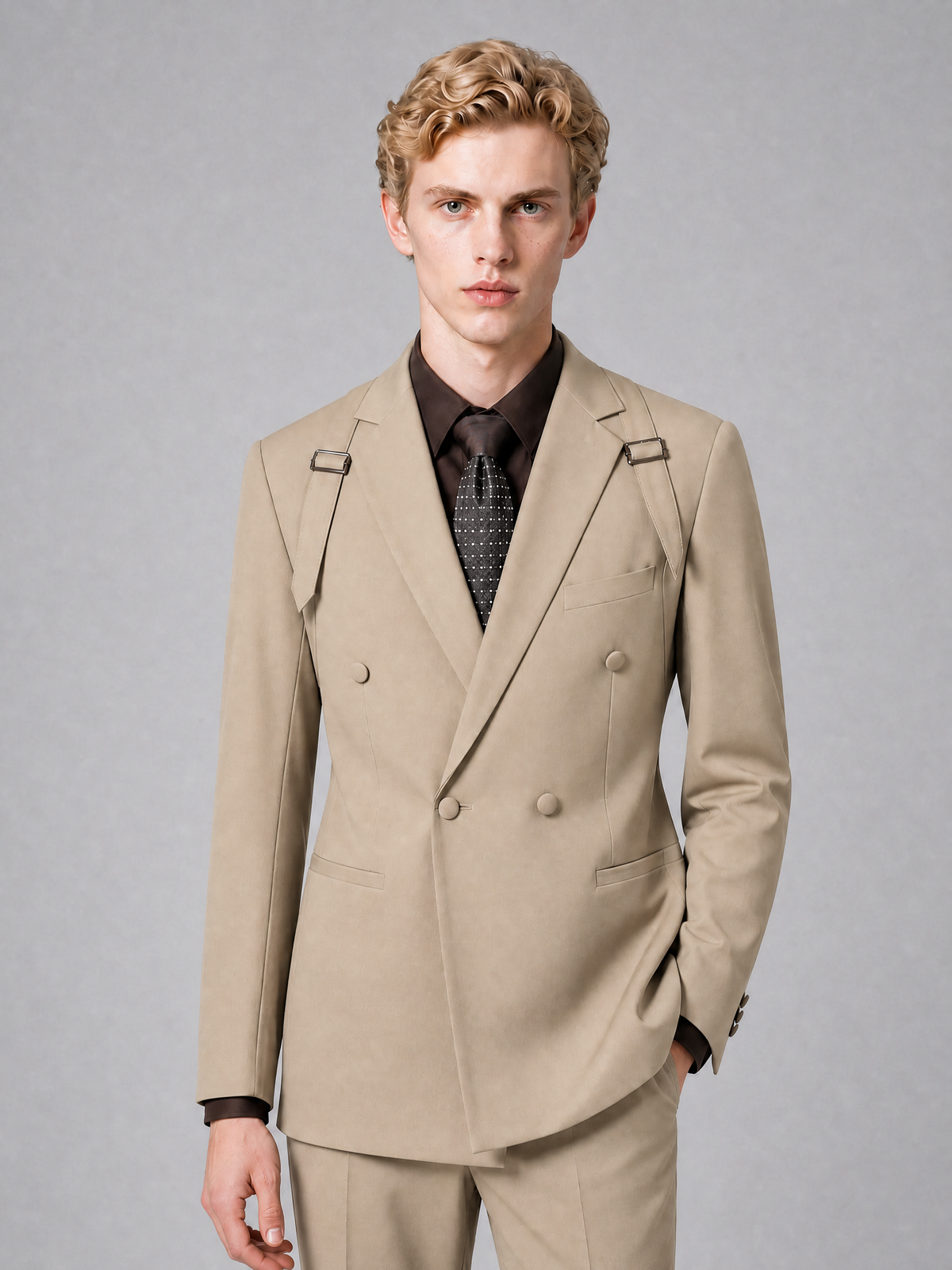 Men's Light Khaki Double-Breasted Slim Fit 2-Piece Suit – Peak Lapel Wedding & Business Formal Set - Khaki - Khaki_1