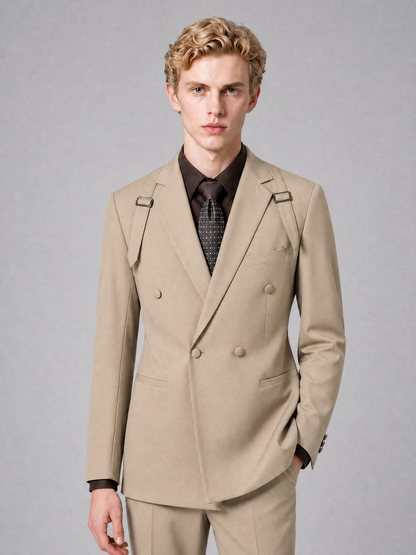 Men's Light Khaki Double-Breasted Slim Fit 2-Piece Suit – Peak Lapel Wedding & Business Formal Set - Khaki - Khaki_1