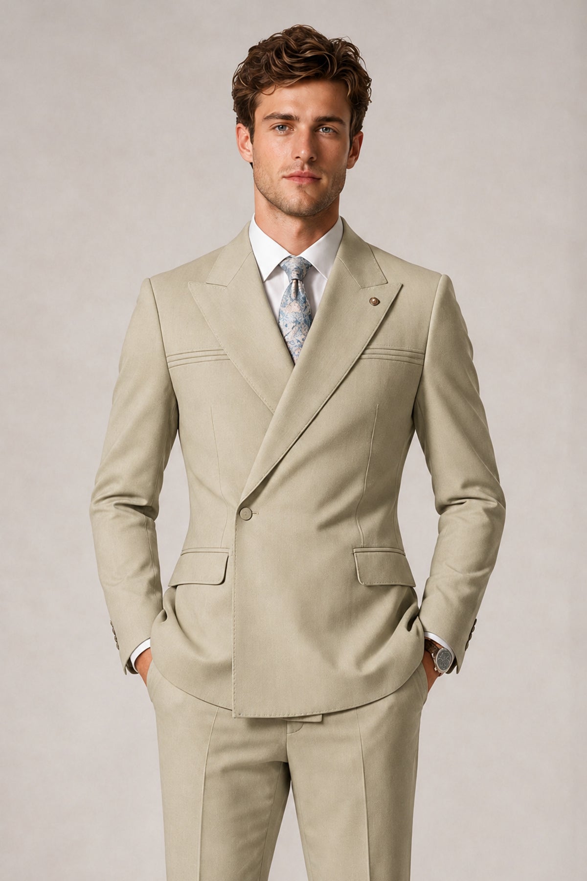 Savile Men's Khaki Double-Breasted Slim Fit 2-Piece Suit Set – Peak Lapel Blazer & Cuffed Trousers | Wedding Prom Formal - Khaki