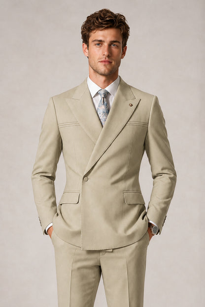 Savile Men's Khaki Double-Breasted Slim Fit 2-Piece Suit Set – Peak Lapel Blazer & Cuffed Trousers | Wedding Prom Formal - Khaki